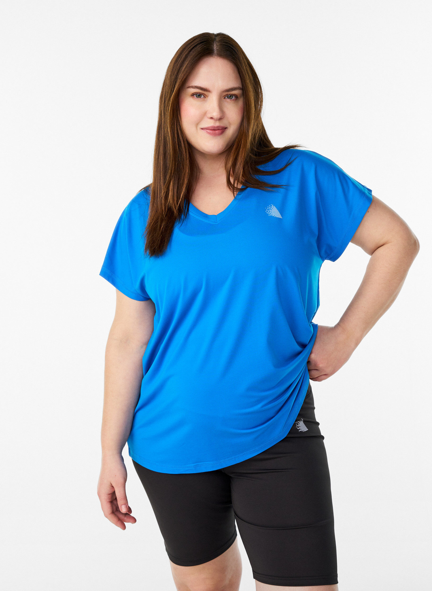 L&oslash;s tr&aelig;nings t-shirt med v-hals, Bl&aring;, Model