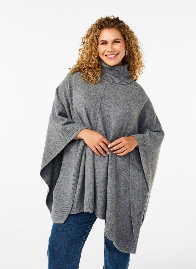 Poncho med høj hals, Medium Grey Melange, Model image number 0