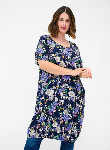 Kortærmet viskose kjole med print, Blue Flower AOP, Model image number 0