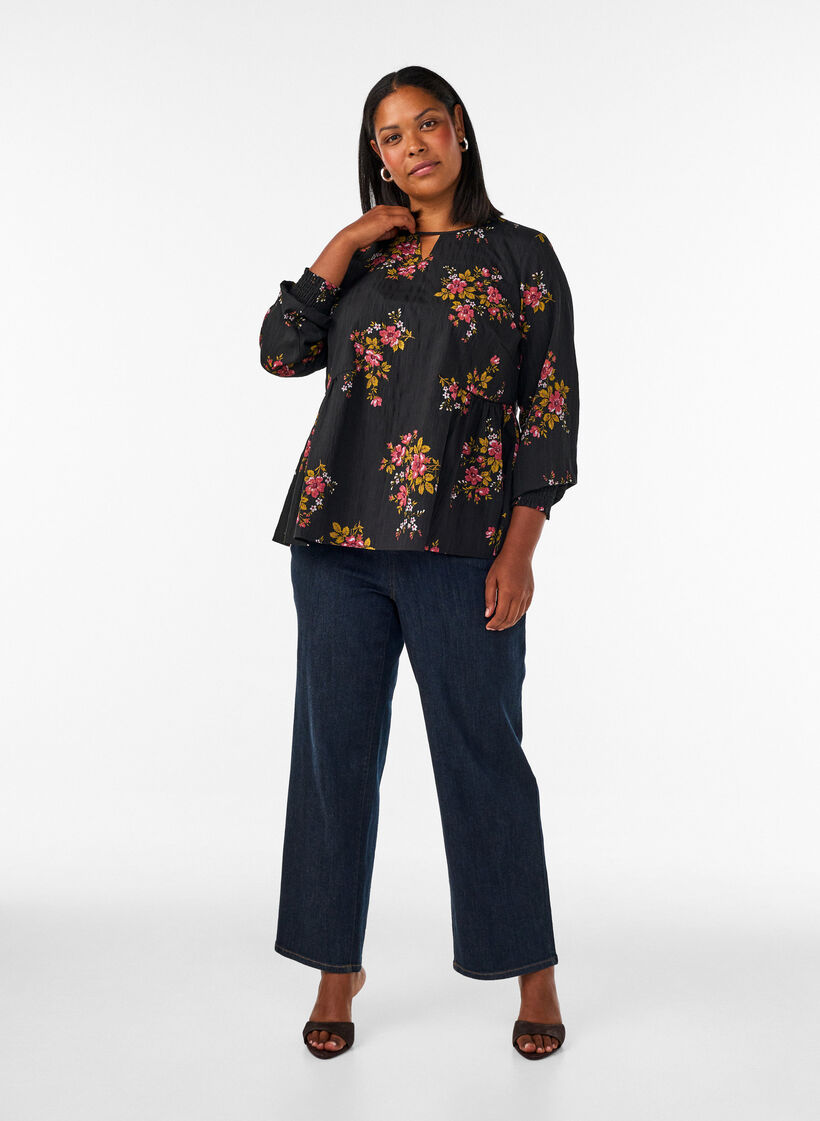 Lang&aelig;rmet bluse med blomsterprint, Sort, Model image number 1