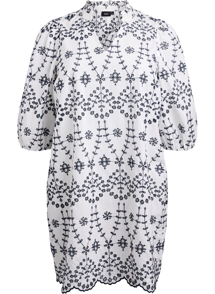 Kjole med kontrastfarvet broderi anglaise, White w. Navy Blazer, Packshot image number 0