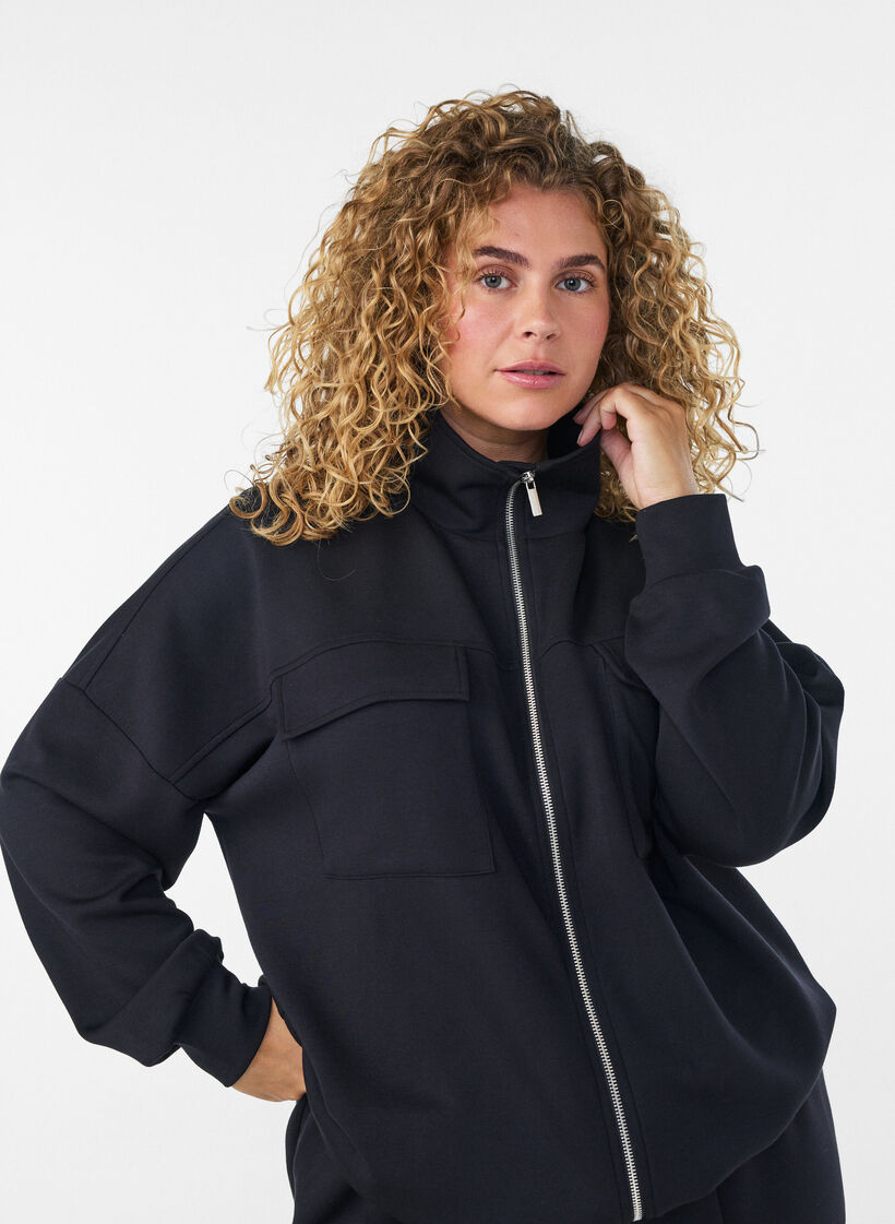 Jersey cardigan med lynl&aring;s og h&oslash;j krave, Sort, Model image number 3