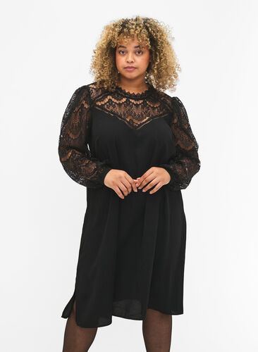 Langærmet kjole med blonder, Black, Model image number 0