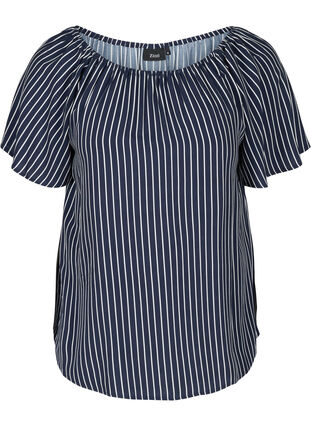 Stribet viskose bluse med korte ærmer, Blue White stripe, Packshot image number 0