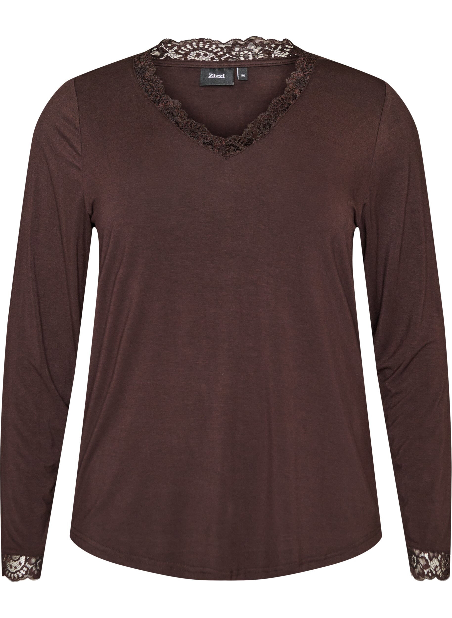 ZizziViskosebluse med blondekanter og V-hals, Brun, Packshot image number 0