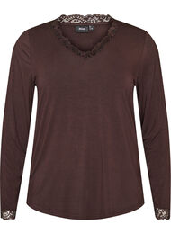 Viskosebluse med blondekanter og V-hals, Brun