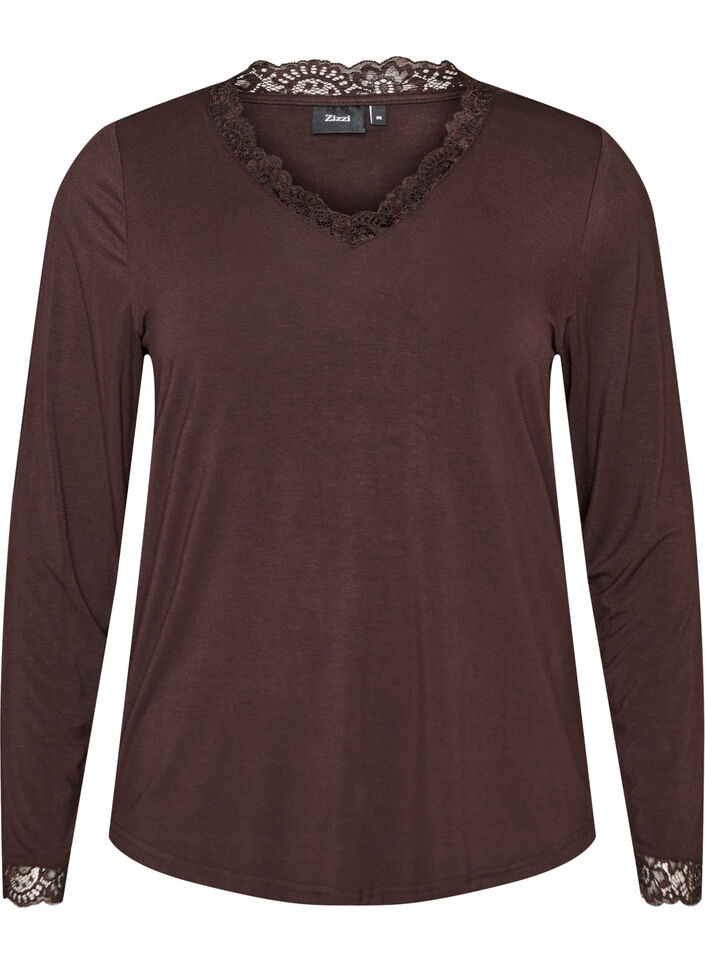 Viskosebluse med blondekanter og V-hals, Brun, Packshot image number 0