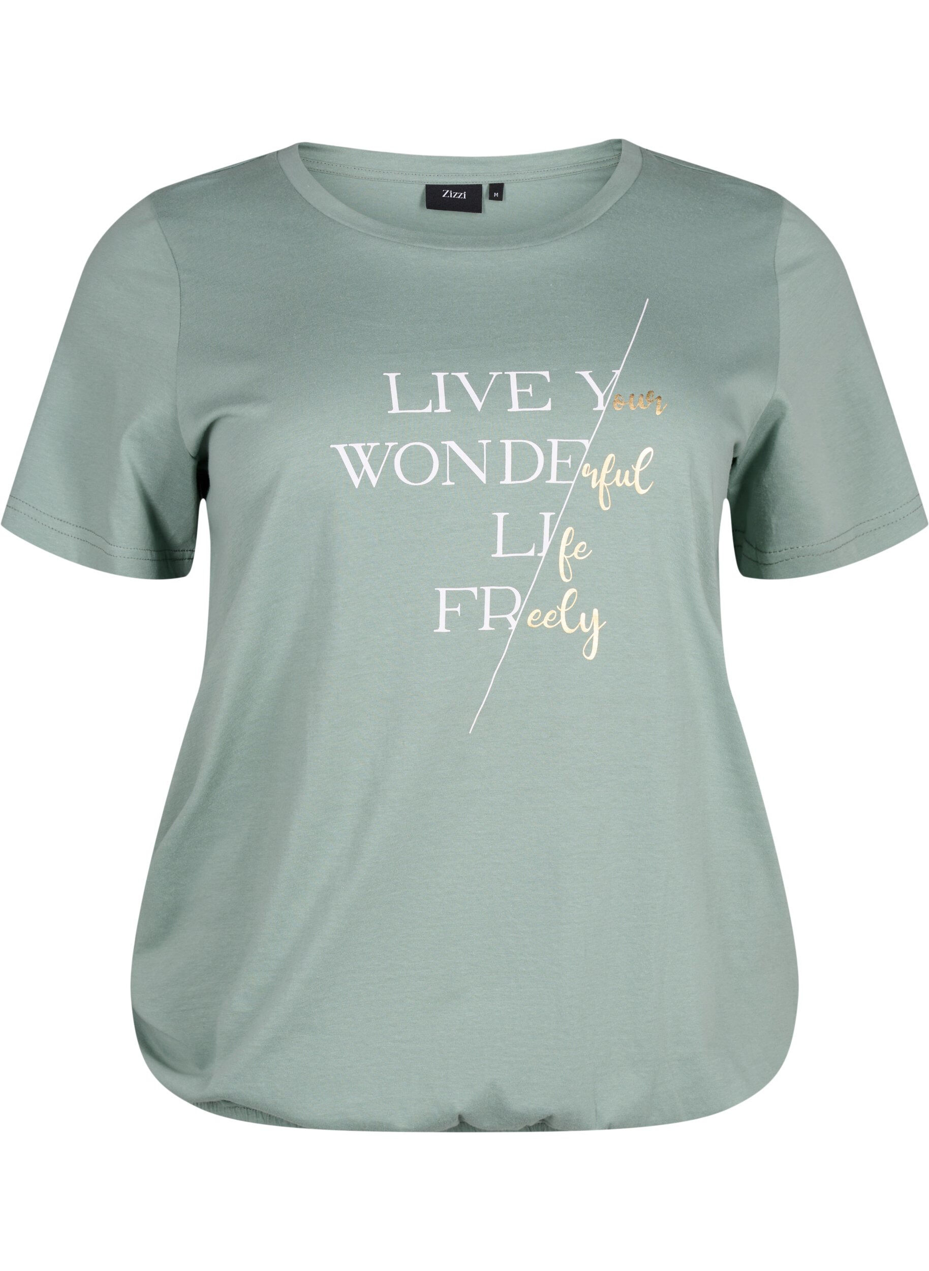 Zizzi Kort&aelig;rmet bomulds t-shirt med elastikkant, Chinois G. W. Live, Packshot image number 0