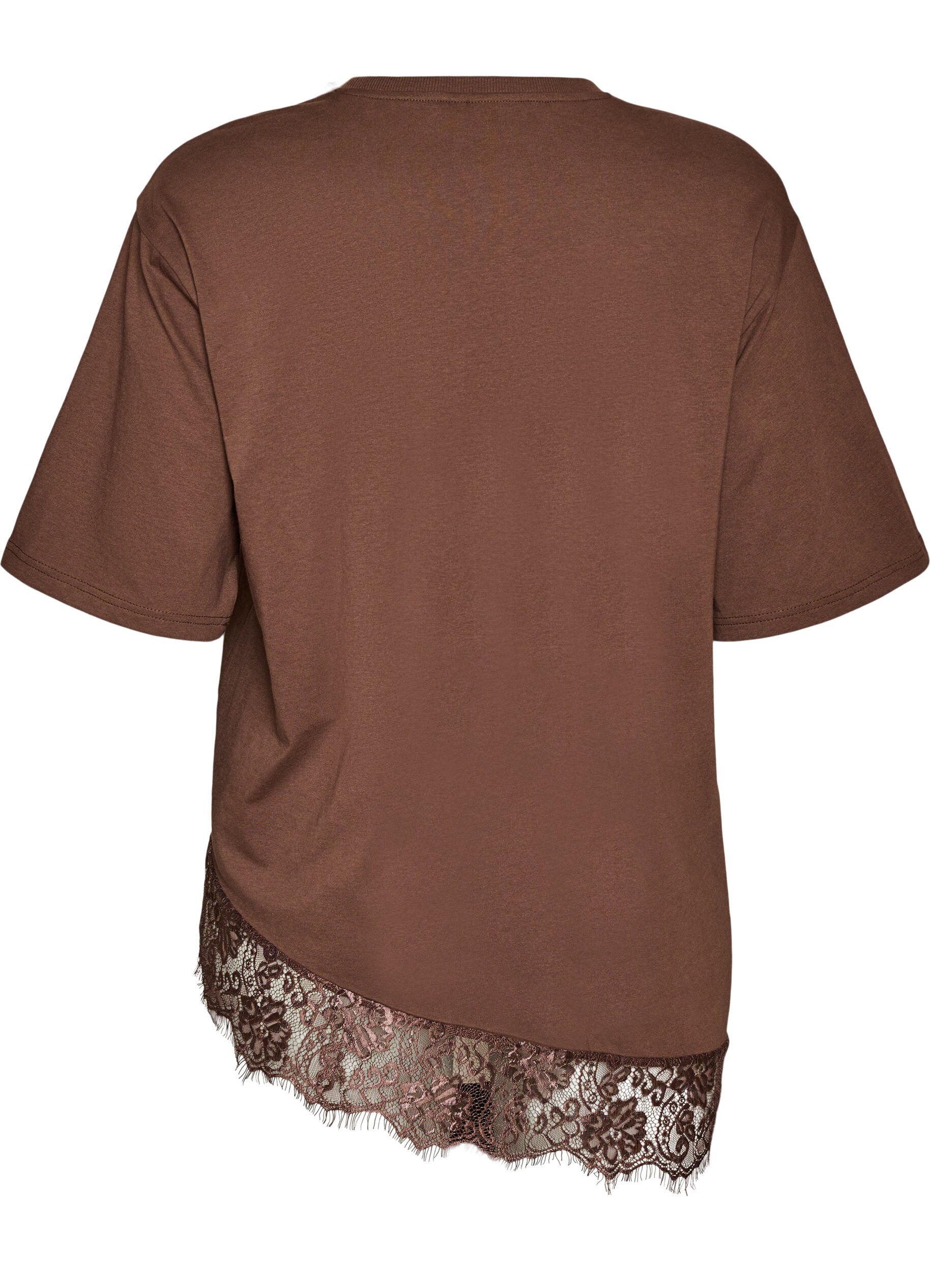 Zizzi T-shirt med asymmetrisk blondekant, Brun, Packshot image number 1