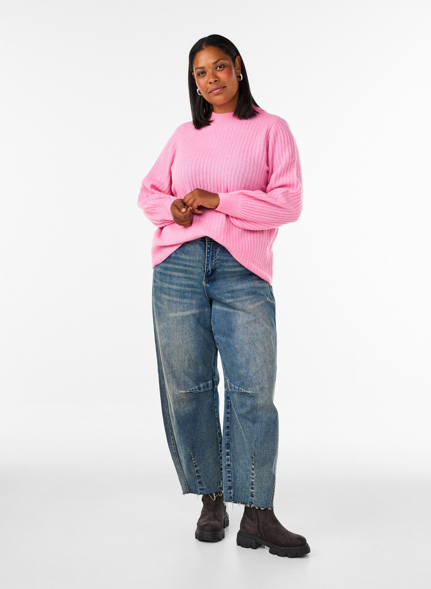 ZizziRibstrikket sweater med ballon&aelig;rmer og knapper, Lyser&oslash;d, Model image number 1