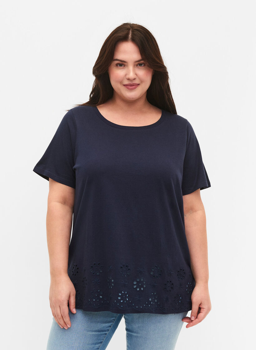 T-shirt i bomuld med broderi anglaise, Navy Blazer, Model image number 0