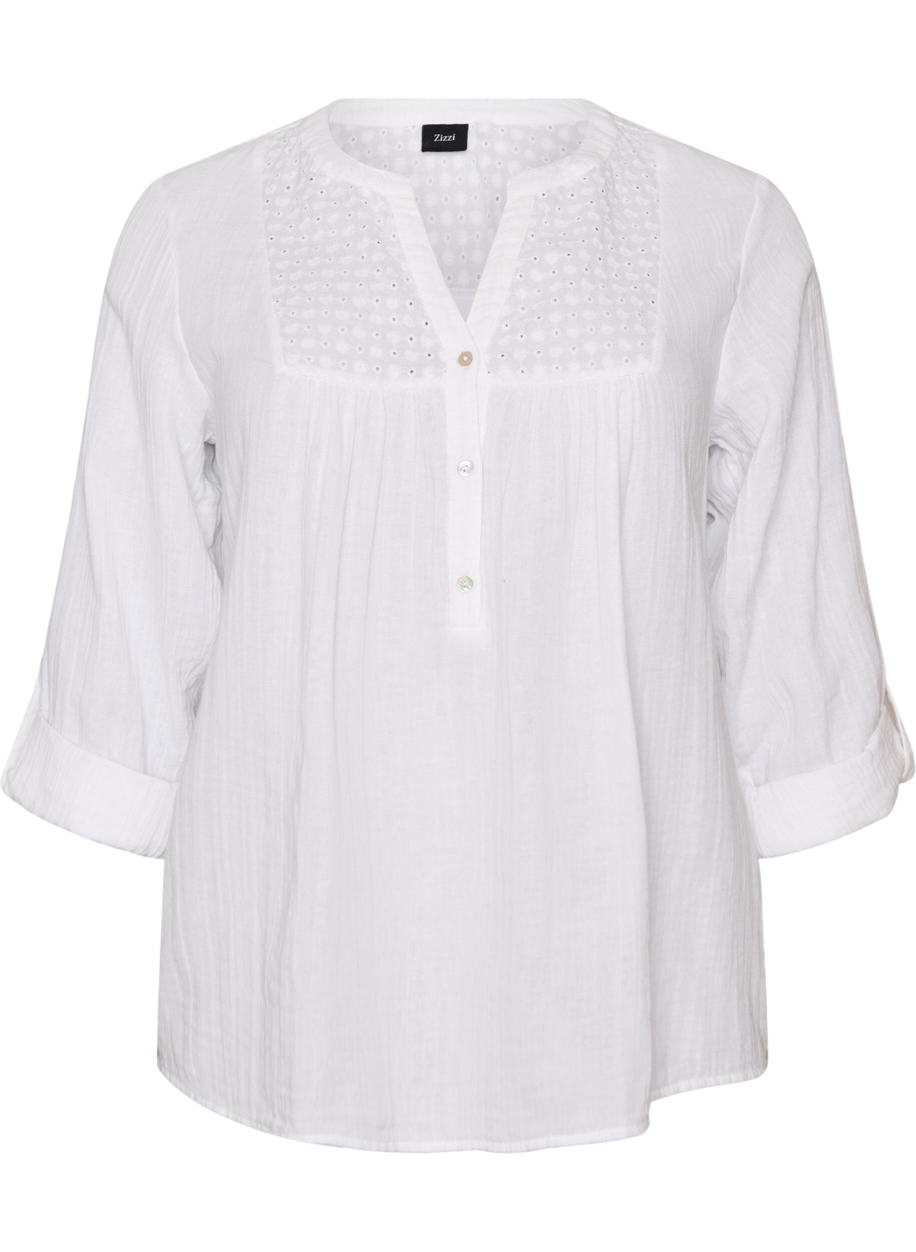 ZizziBluse i bomuldsmusselin med broderi anglaise, Hvid, Packshot image number 0