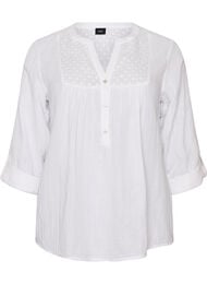Bluse i bomuldsmusselin med broderi anglaise, Hvid