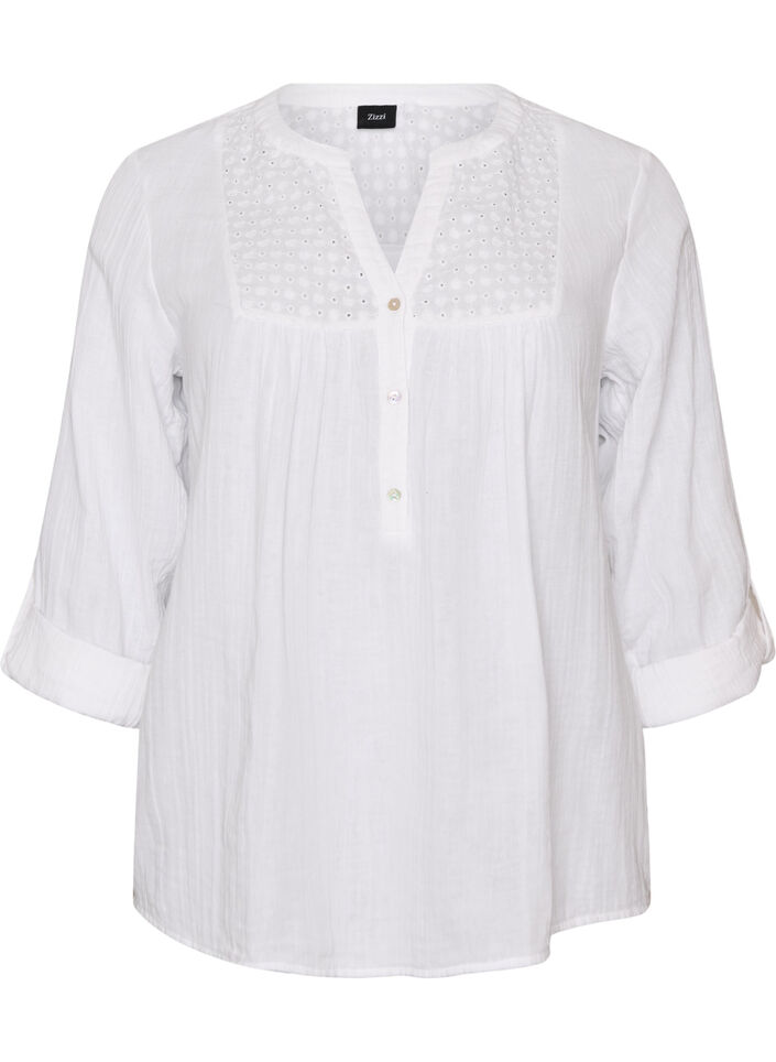 Bluse i bomuldsmusselin med broderi anglaise, Hvid, Packshot image number 0