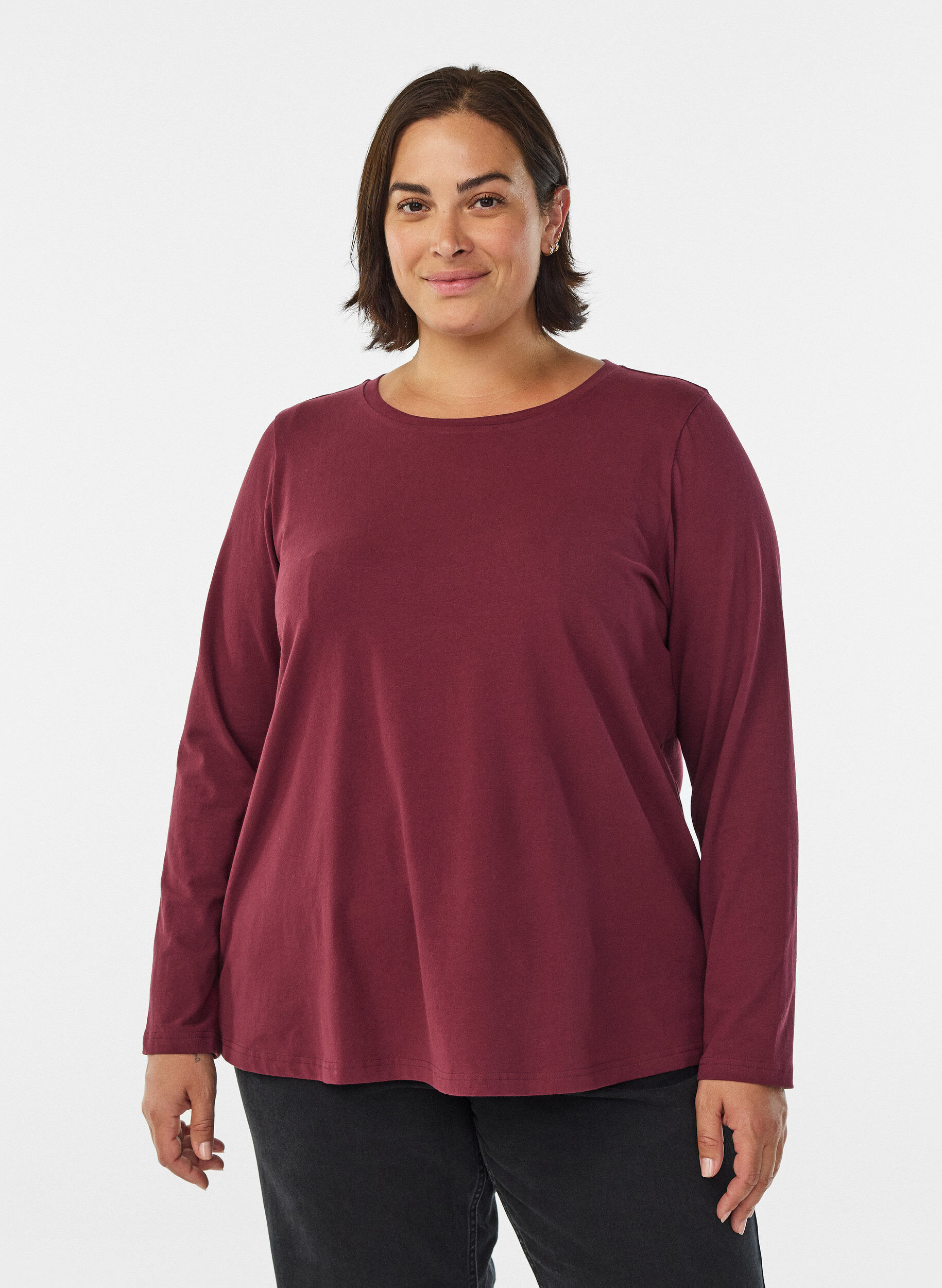 Zizzi Basis jerseybluse med lange &aelig;rmer, M&oslash;rk Bordeaux, Model image number 0