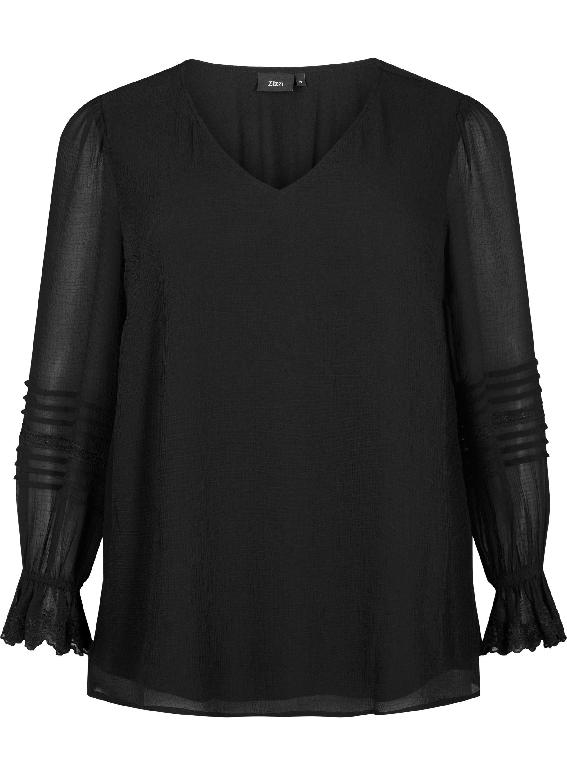 Zizzi V-hals bluse med fl&aelig;se&aelig;rmer, Black, Packshot image number 0