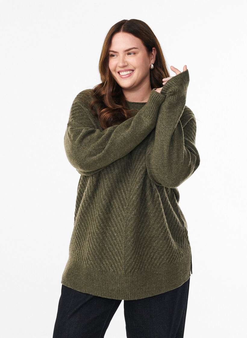 Strikbluse med V-formet ribm&oslash;nster og slidser, Gr&oslash;n, Model image number 0