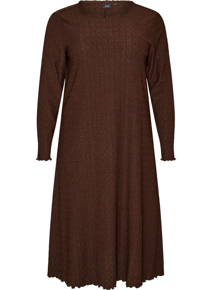 Midikjole med b&oslash;lget struktur og lange &aelig;rmer, Brun, Packshot image number 0