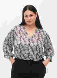 Bluse med print og 3/4 ærmer, Black White Leaf, Model