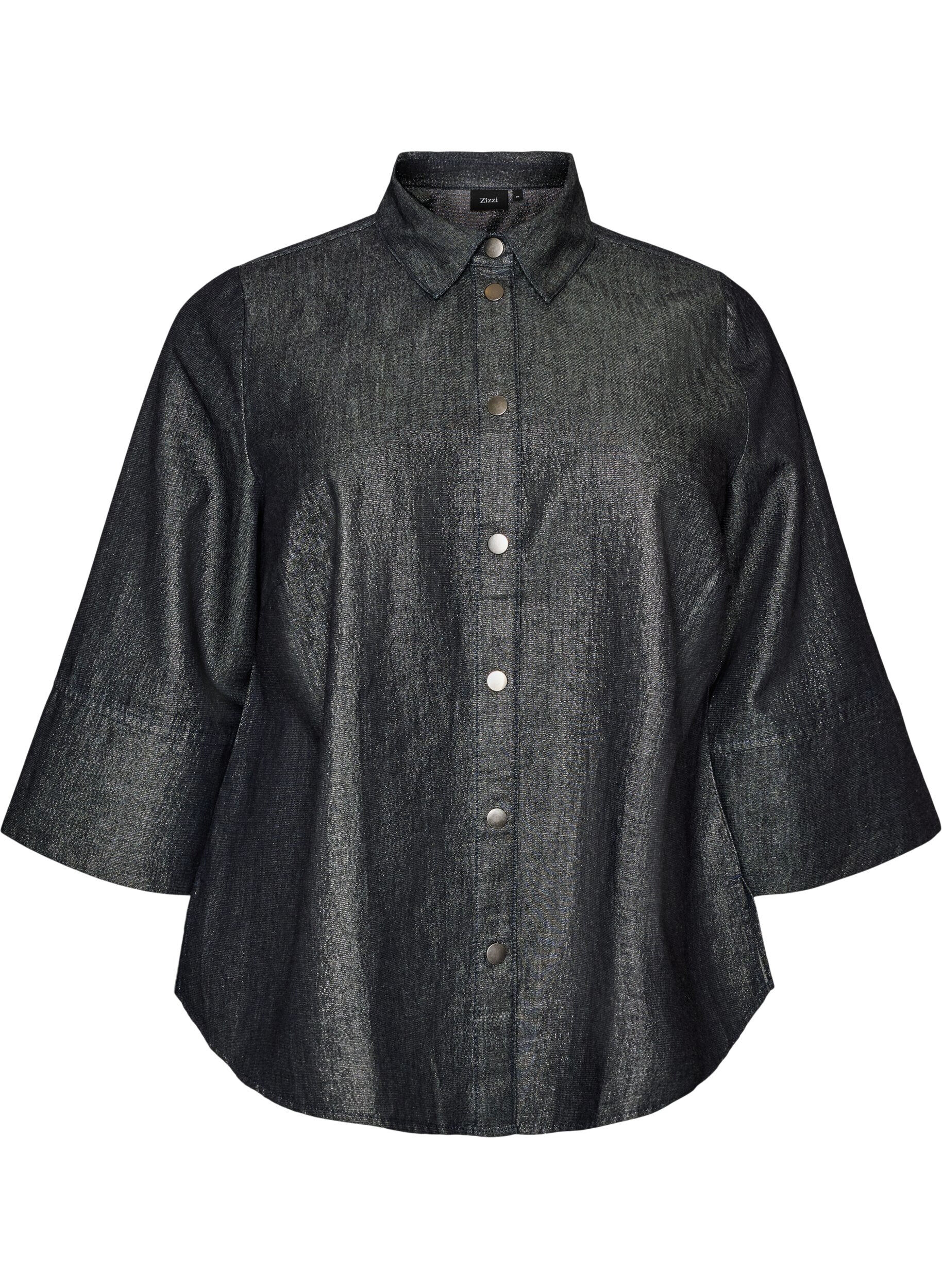 ZizziDenimskjorte med glimmertr&aring;d og 3/4-&aelig;rmer, Gr&aring;, Packshot image number 0