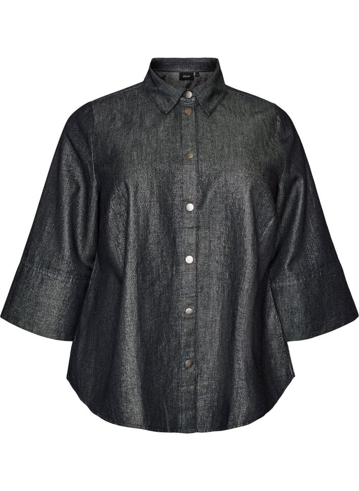 Denimskjorte med glimmertr&aring;d og 3/4-&aelig;rmer, Gr&aring;, Packshot image number 0
