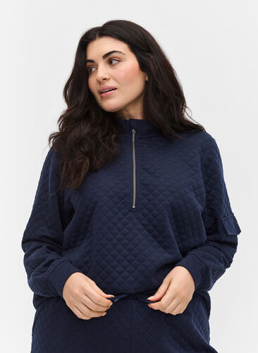 Quiltet sweatshirt med lynlås, Navy Blazer, Model image number 0