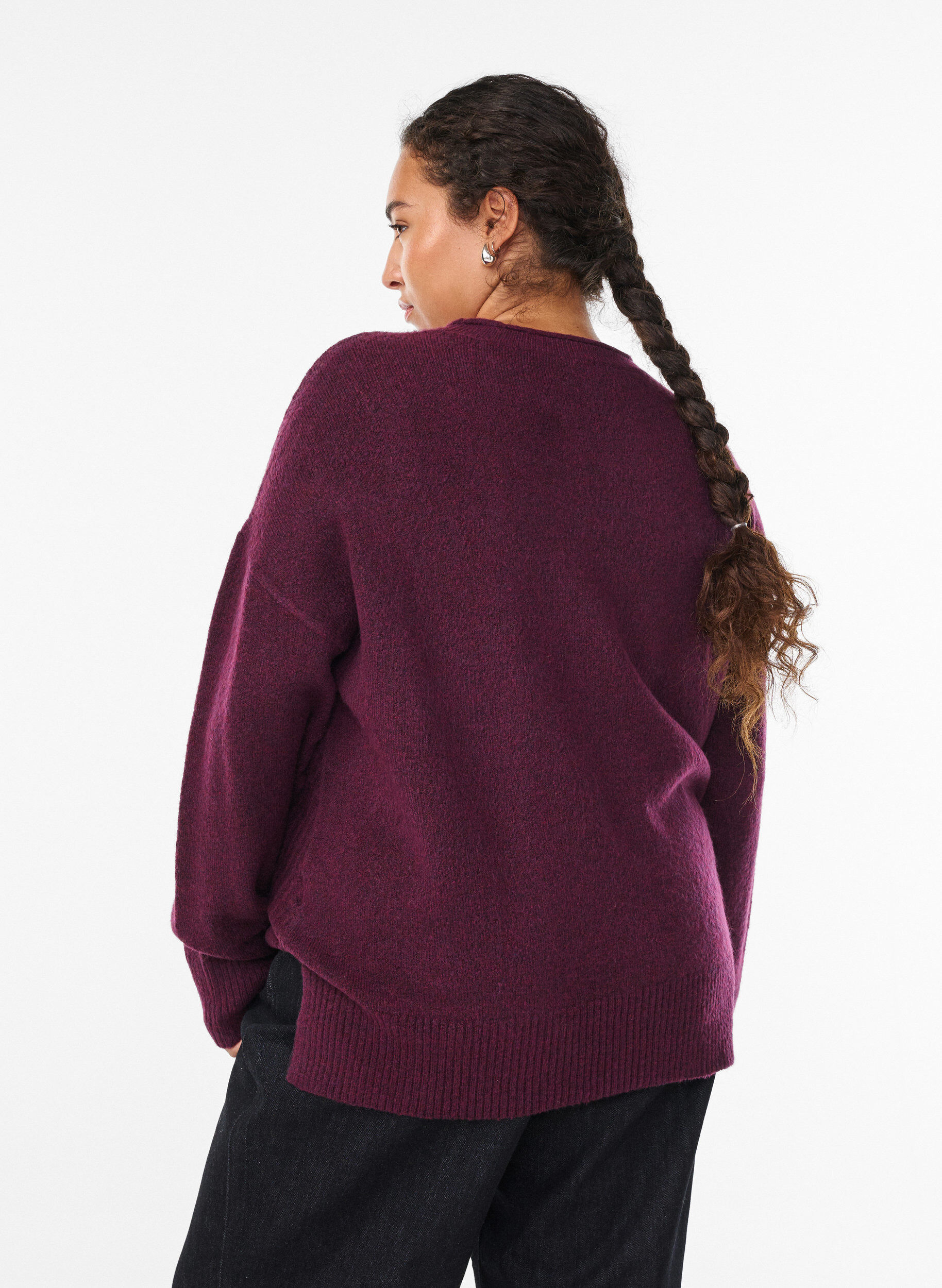 ZizziStrikbluse med V-formet ribm&oslash;nster og slidser, Lilla, Model image number 2