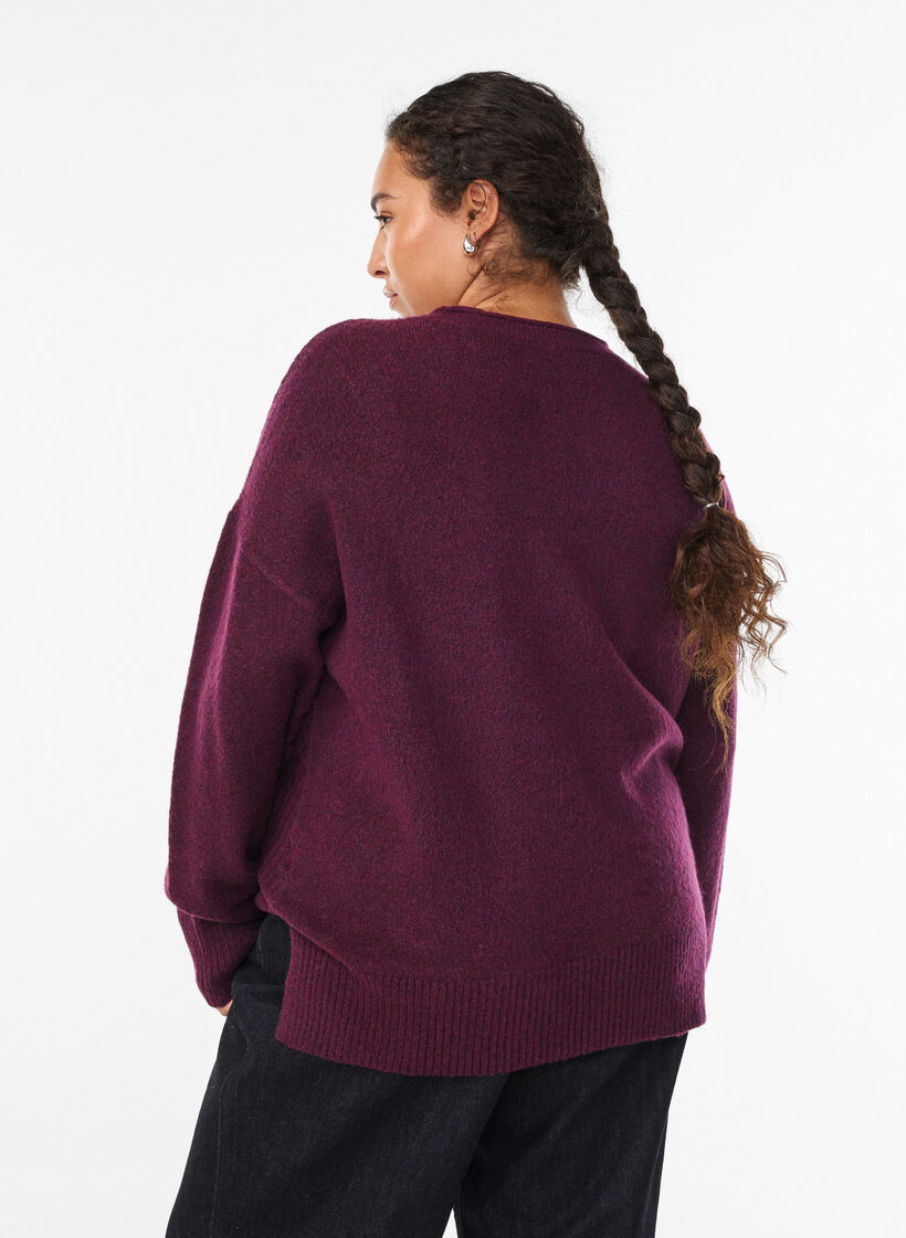 Strikbluse med V-formet ribm&oslash;nster og slidser, Lilla, Model image number 2