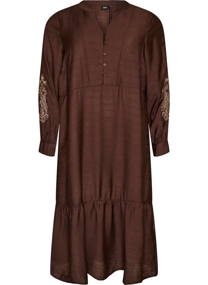 Viskosekjole med broderi og fl&aelig;selag, Brun, Packshot image number 0