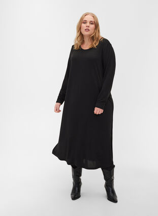 Ensfarvet kjole med lange ærmer og slids, Black, Model image number 2
