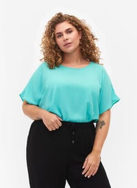 Bluse med korte ærmer og rund halsudskæring, Turquoise, Model