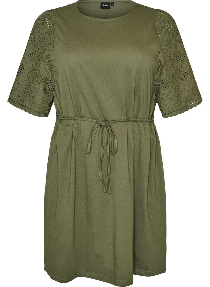 Bomuldskjole med broderie anglaise-&aelig;rmer og bindeb&aring;nd, Gr&oslash;n, Packshot image number 0