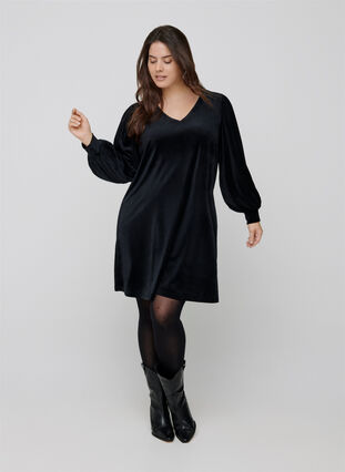Velour kjole med lange pufærmer, Black, Model image number 2