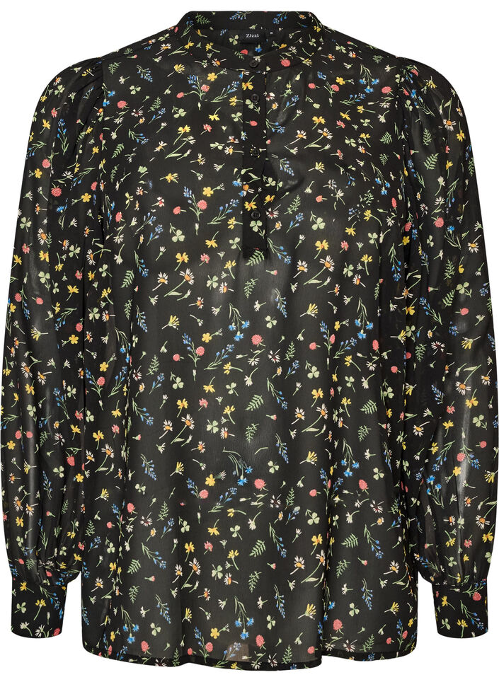 Bluse med all-over print og kort knapstolpe, Sort, Packshot image number 0