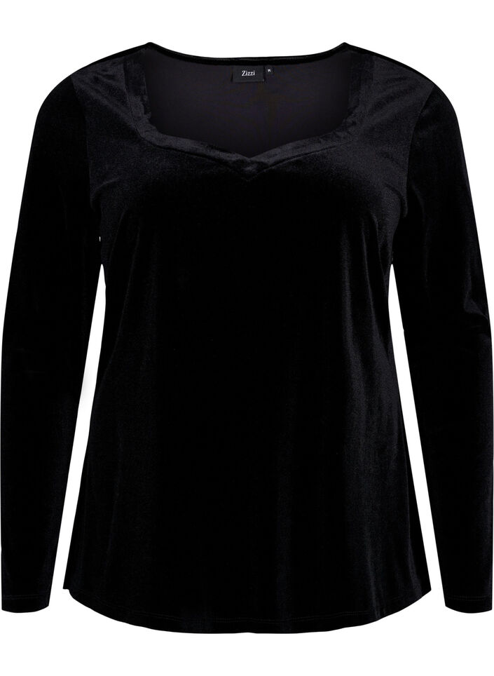 Velourbluse med lange ærmer, Black, Packshot image number 0