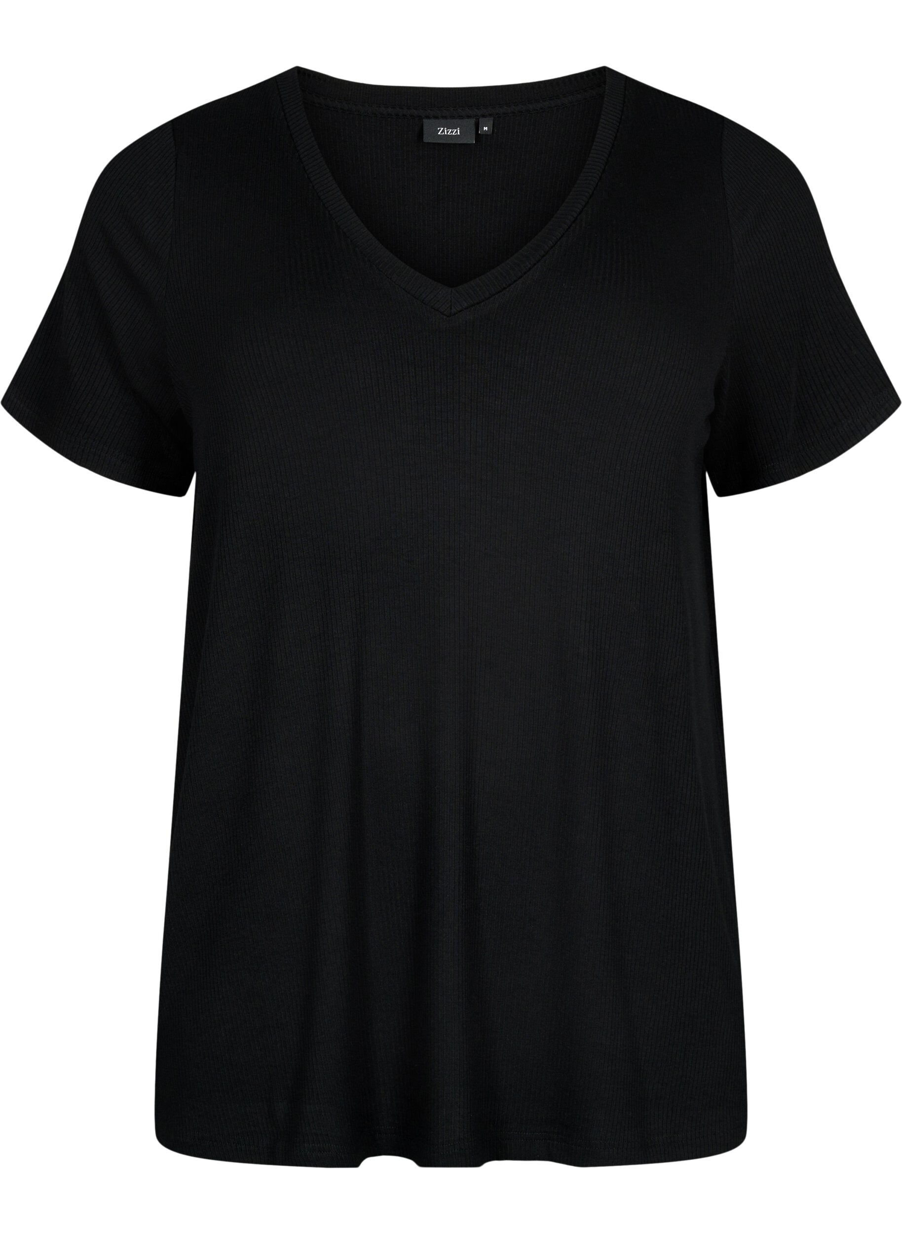 Zizzi Viskose t-shirt med ribstruktur og v-hals, Black, Packshot image number 0