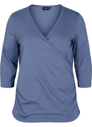 Bomulds bluse med 3/4 ærmer og wrap, Vintage Indigo, Packshot image number 0