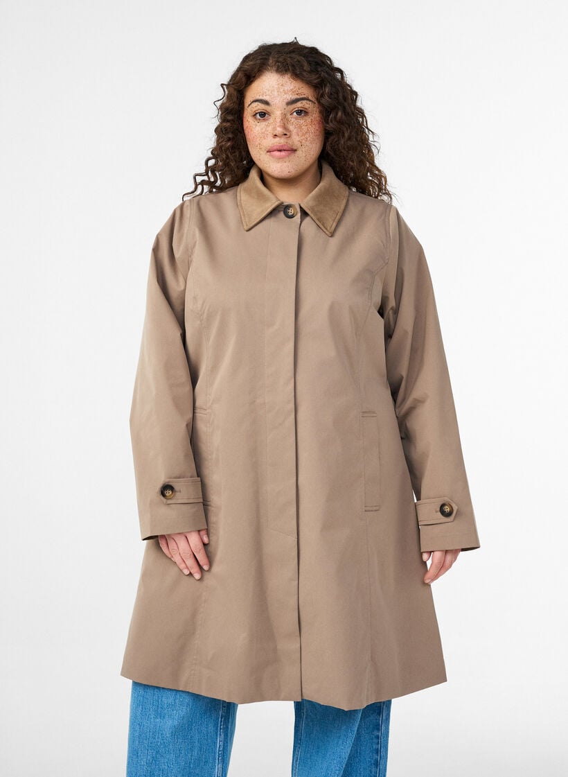 For&aring;rsjakke med imiteret ruskindskrave og skjult knaplukning, Beige, Model image number 2