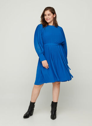 Langærmet plissé kjole med bindebånd, Classic Blue , Model image number 3