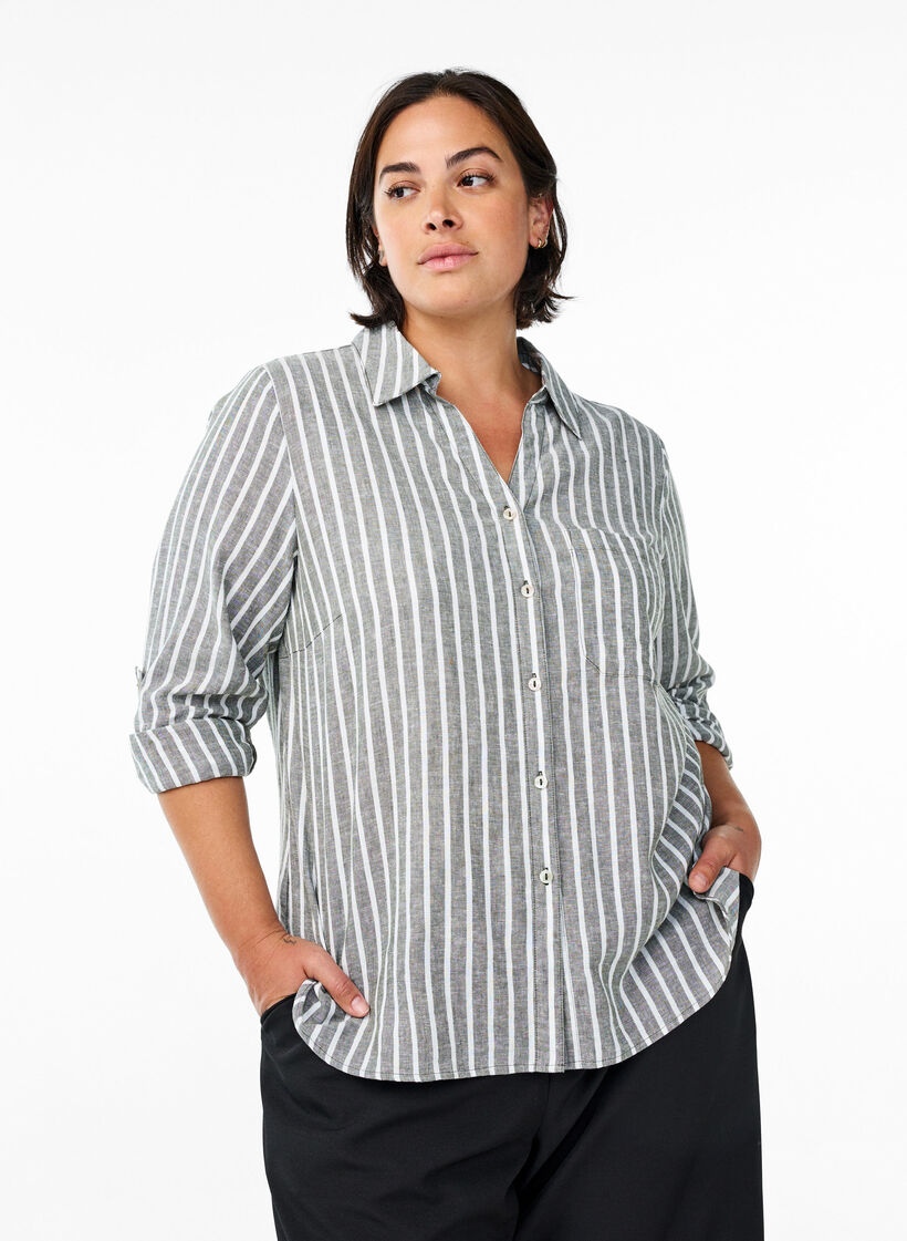 Skjorte i hør og viskose med 3/4-ærmer, Grøn, Model image number 0