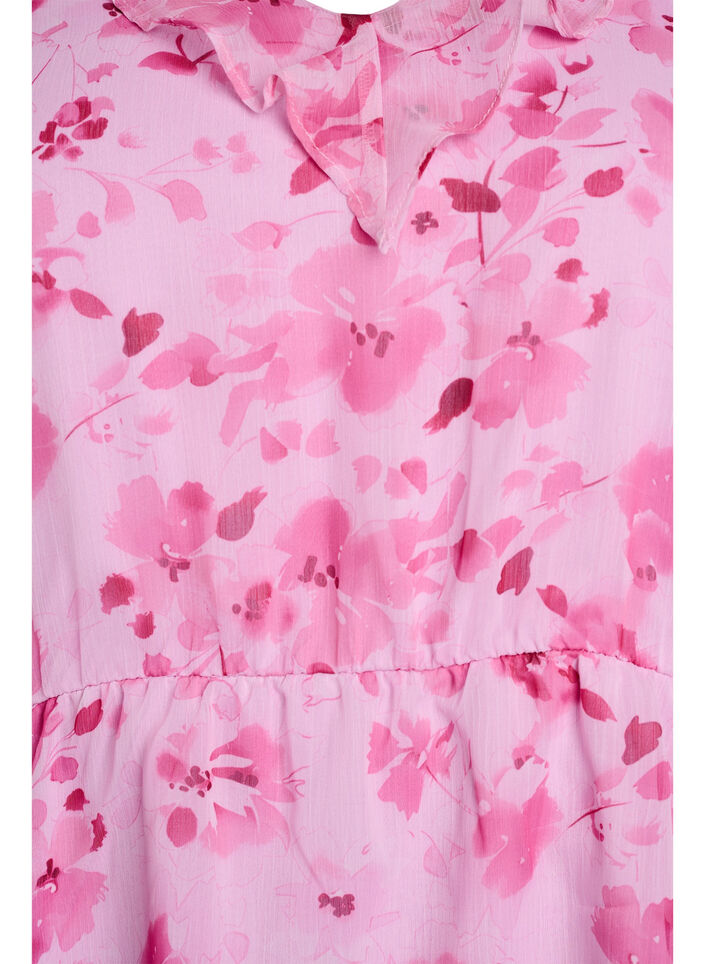 Blomstret bluse med fl&aelig;sekrave og peplum-effekt, Lyser&oslash;d, Packshot image number 2