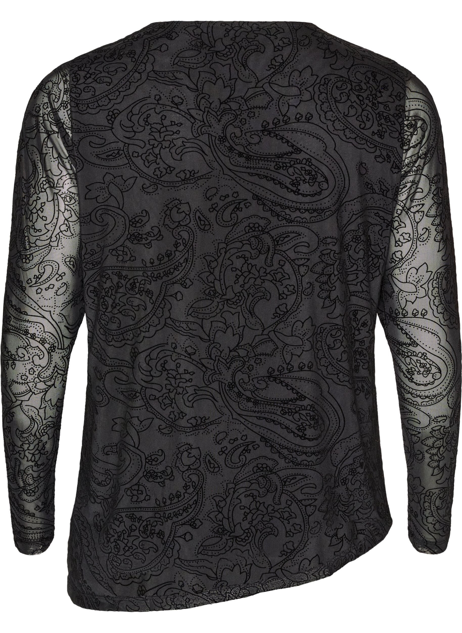 ZizziMeshbluse med paisleym&oslash;nster og skr&aring; kant, Sort, Packshot image number 1
