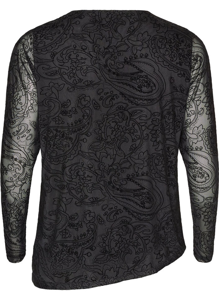 Meshbluse med paisleym&oslash;nster og skr&aring; kant, Sort, Packshot image number 1