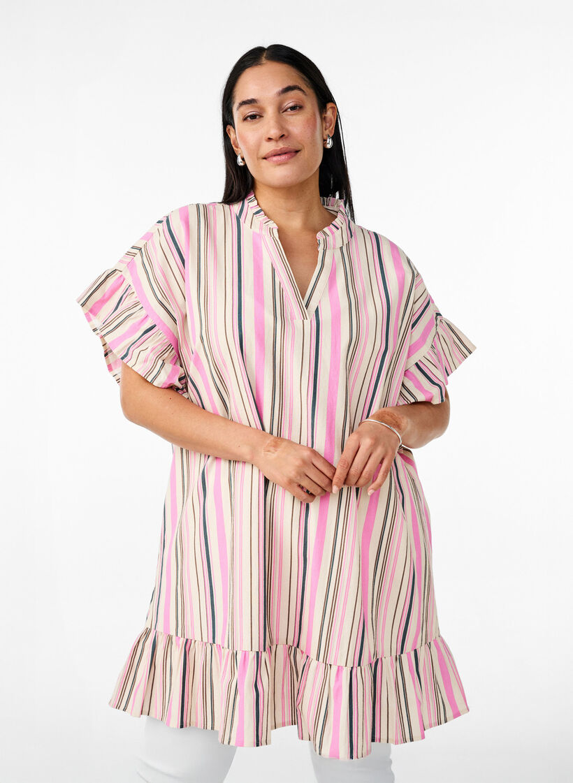 Tunika med V-udskæring og flæsedetaljer, Vanilla, Model image number 0