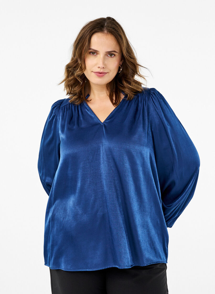 Langærmet bluse med flæser og v-hals, Estate Blue, Model image number 0