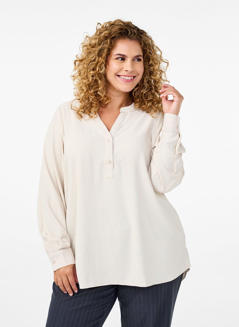 FLASH - Skjortebluse med lange ærmer, Beige, Model image number 0
