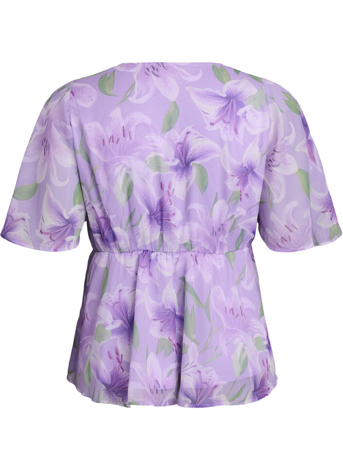 Blomstret chiffonbluse med korte &aelig;rmer, Lilla, Packshot image number 1