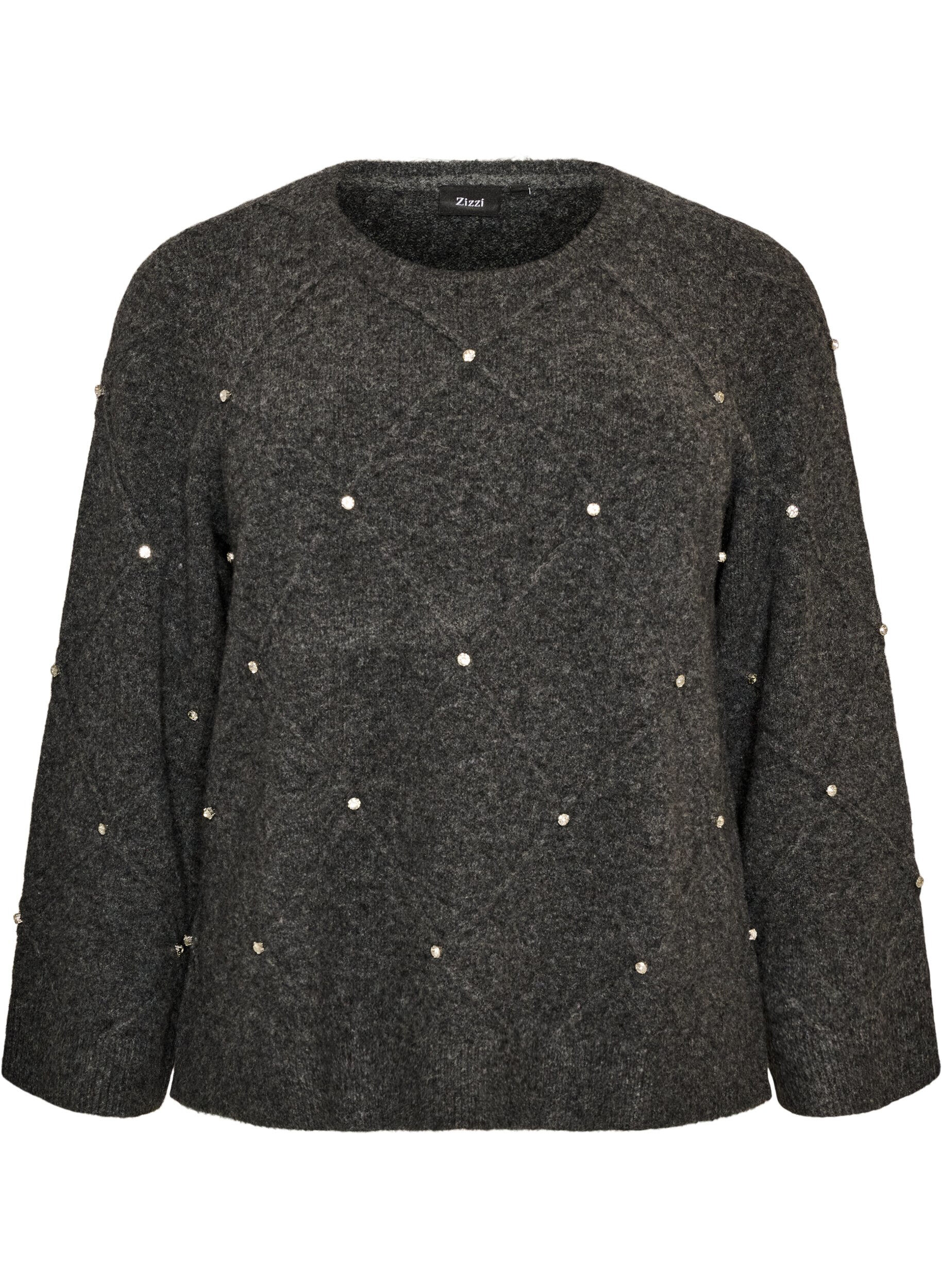 ZizziStrikbluse med rhinsten og rudem&oslash;nster, Gr&aring;, Packshot image number 0