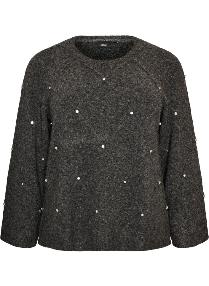 Strikbluse med rhinsten og rudem&oslash;nster, Gr&aring;, Packshot image number 0