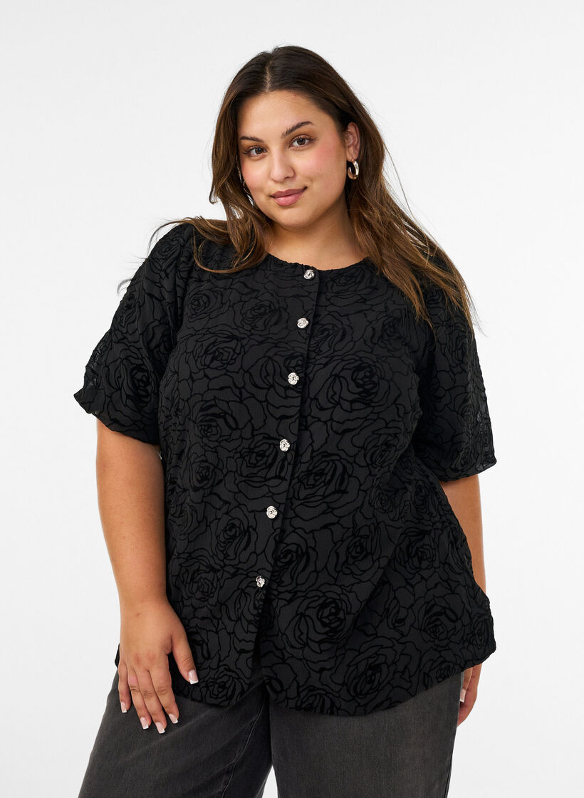 Bluse med blomsterm&oslash;nster og ballon&aelig;rmer, Sort, Model image number 0